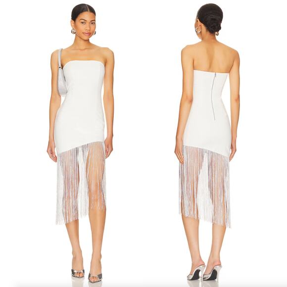 superdown | NWT Cleo Strapless Dress in White Ponte Silver Fringe Tube Mini M - Picture 1 of 15